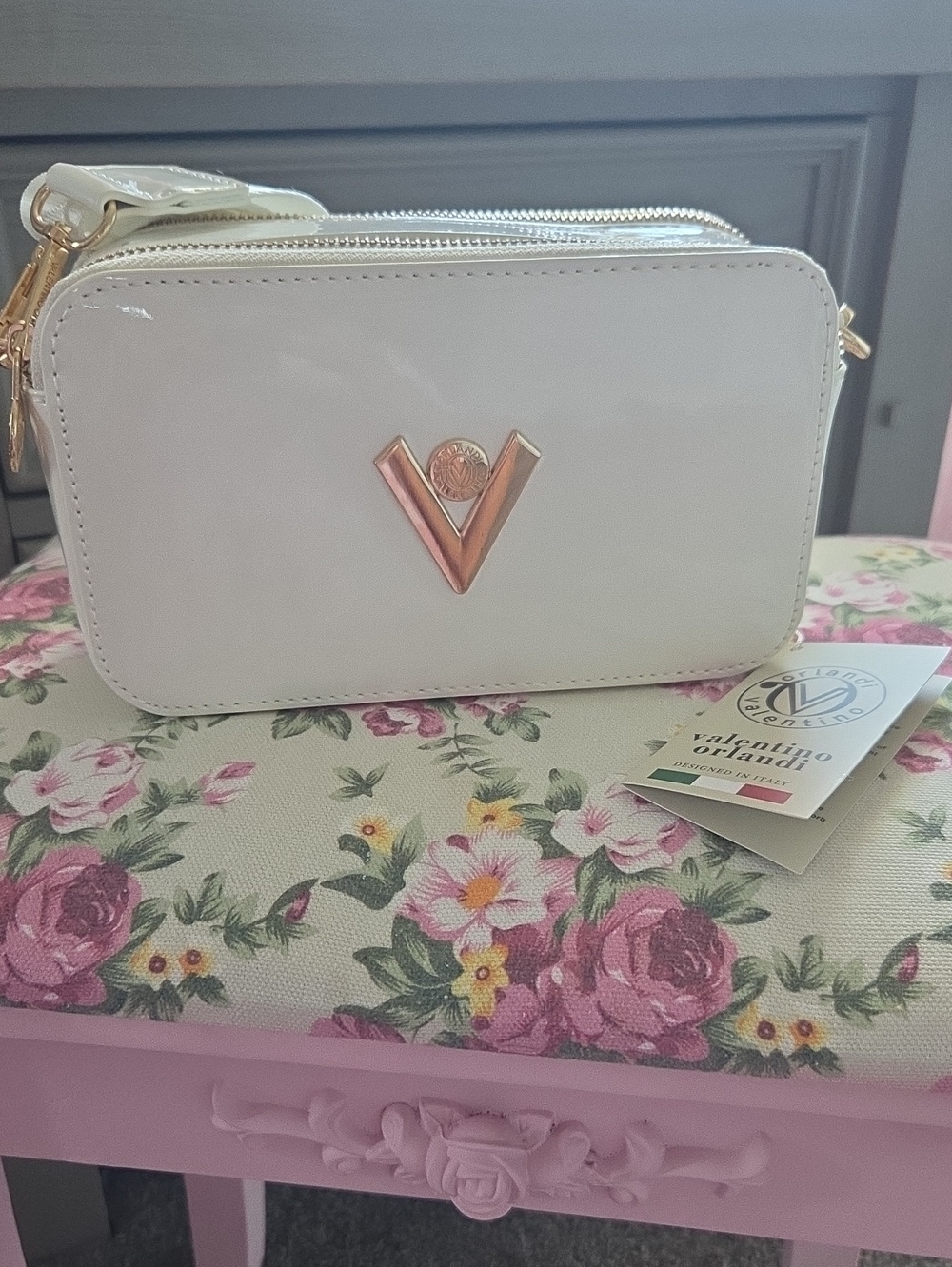Valentino Orlandi White Patent Crossbody with Rose Gold V Emblem